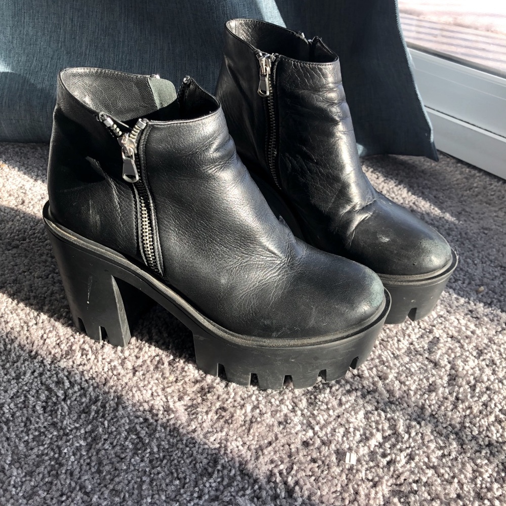 Real leather black platform heeled boots